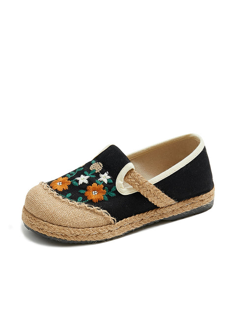 Zapatos de paja empalmados de lino con bordado de flores de verano para mujer