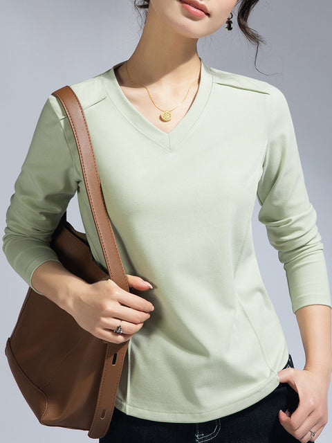 Women Spring Casual V-Neck Pure Color Blouse