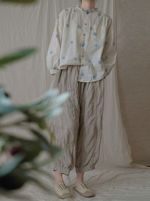 Camisa de algodón con cuello de encaje y flores primaverales para mujer