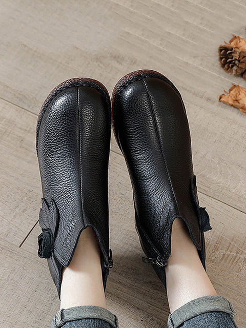 Women Vintage Genuine Leather Flower Flat Ankle Boots