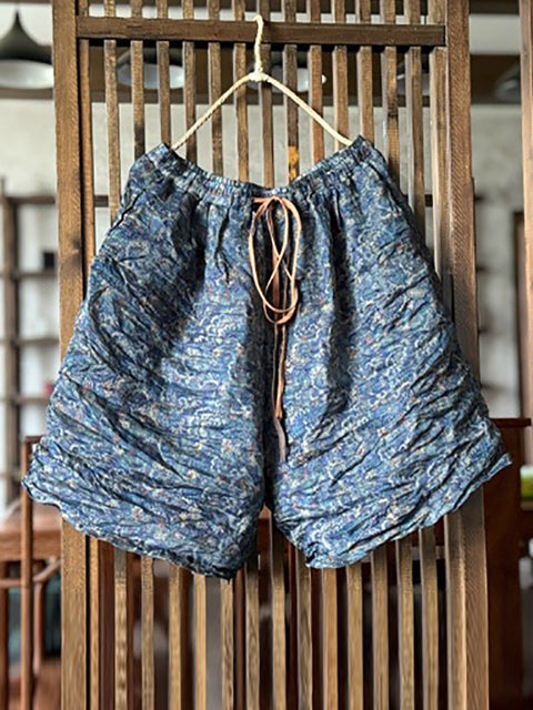 Pantalones cortos holgados de ramio con flores vintage de verano para mujer