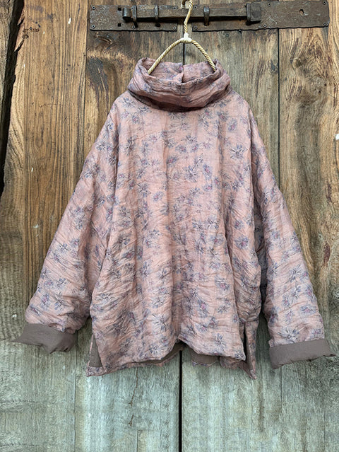 Abrigo acolchado de ramio con cuello redondo y flores de otoño estilo vintage para mujer