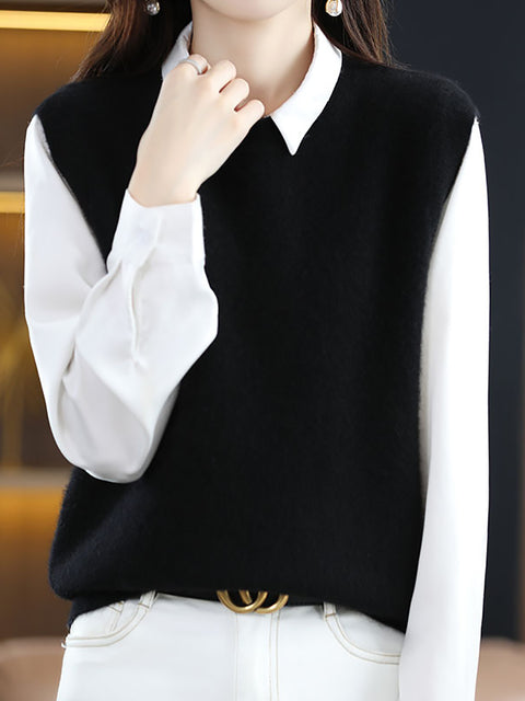 Women Casual Autumn Wool O-Neck Knit Vest