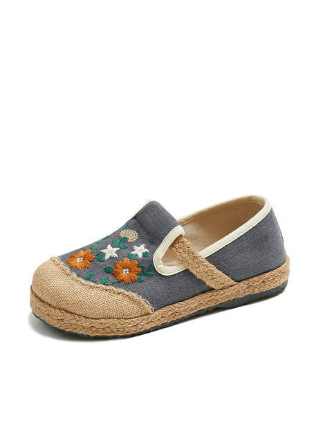 Zapatos de paja empalmados de lino con bordado de flores de verano para mujer