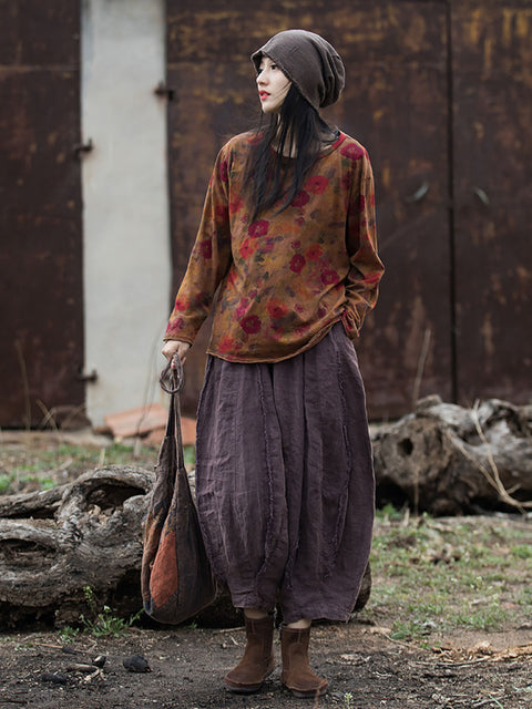 Blusa de algodón con flores y cuello redondo estilo vintage para mujer