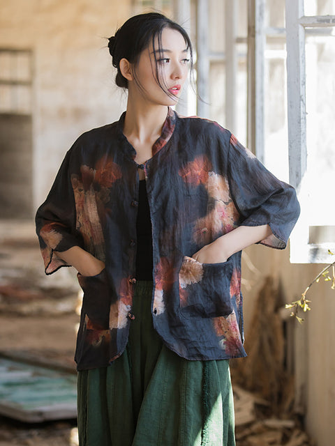 Camisa retro con estampado de flores y botones de verano para mujer