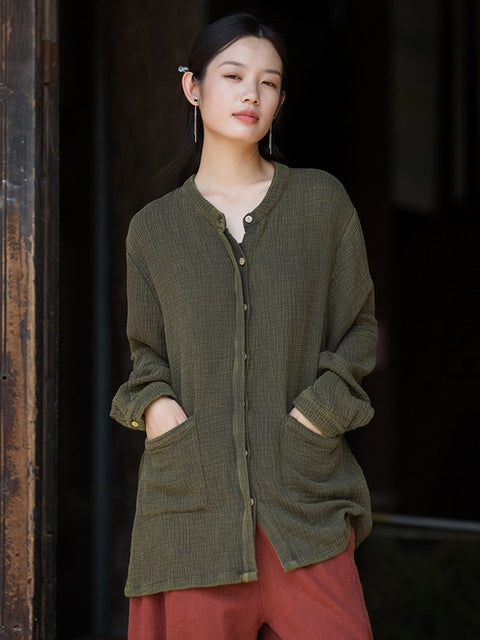 Camisa de otoño con botones y bolsillos de ramio para mujer