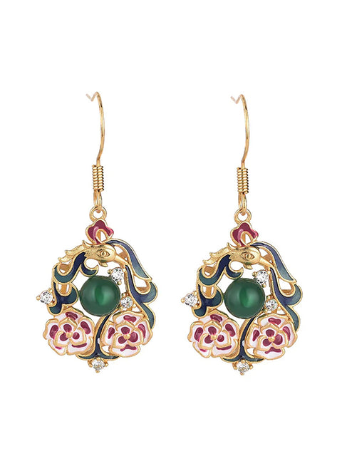 Pendientes de plata de jade con flor esmaltada de estilo chino para mujer