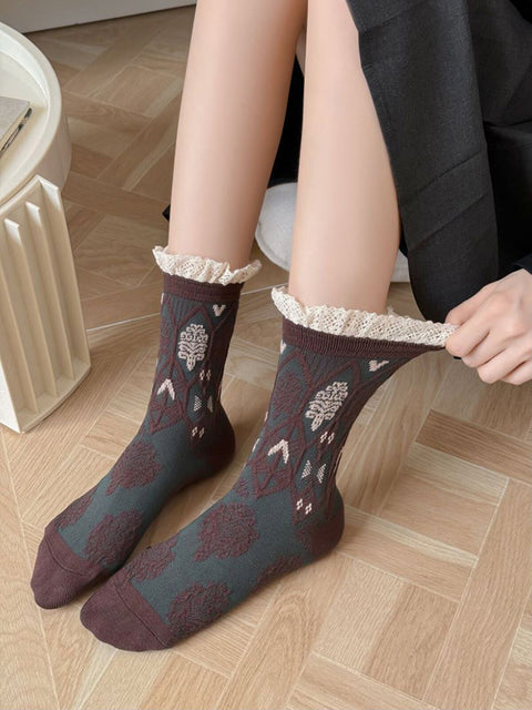 5 pares de calcetines de algodón con estampado de flores artísticas de otoño para mujer