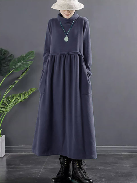 Plus Size Women Pure Color Turtleneck Draped Long Dress