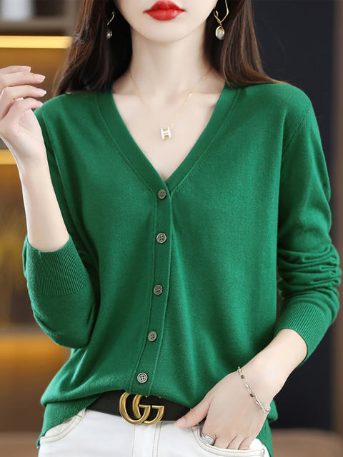 Women Casual Wool Spring V-Neck Cardigan Blouse