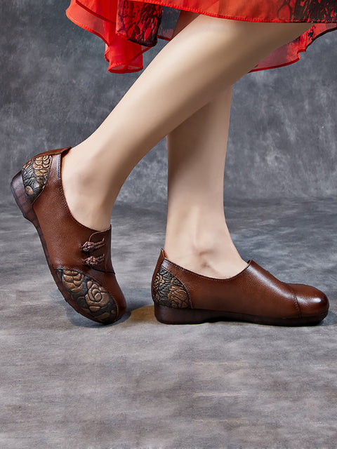 Women Spring Ethnic Flower Leather Spliced Flat Shoes