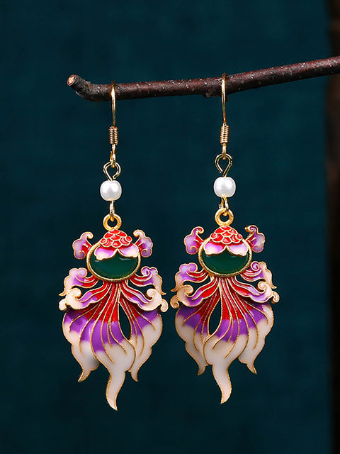 Pendientes Koi plateados esmaltados vintage para mujer