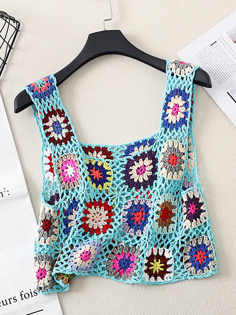 Women Artsy Summer Flower Handmade Knitted Vest