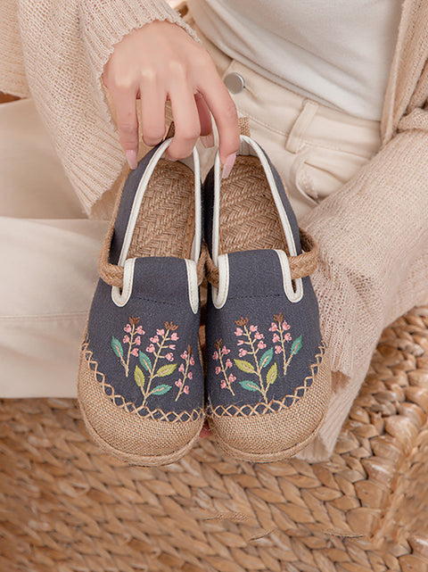 Zapatos planos de lino y algodón con bordado de flores étnicas para mujer