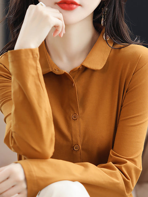 Camisa de algodón de color puro con cuello vuelto para mujer