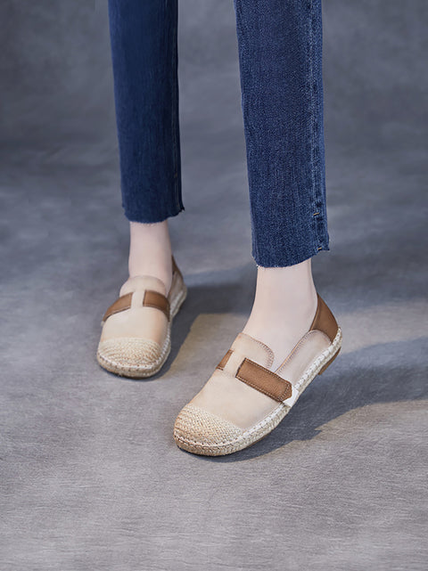 Zapatos planos de verano para mujer con tejido de lino y cuero