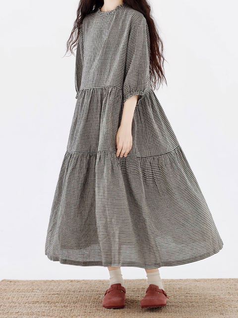 Women Artsy Plaid Loose 100%Linen Tiered Dress