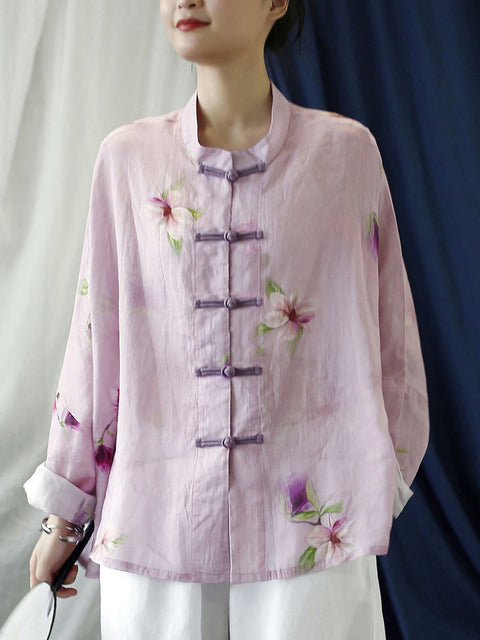 Camisa de mujer de talla grande con estampado vintage de flores en color rosa y ramio para primavera