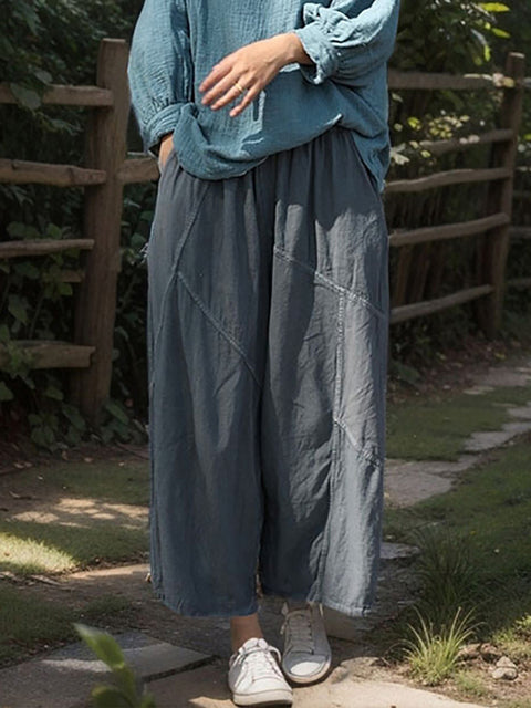 Women Vintage Spring Spliced Loose Cotton Linen Pants