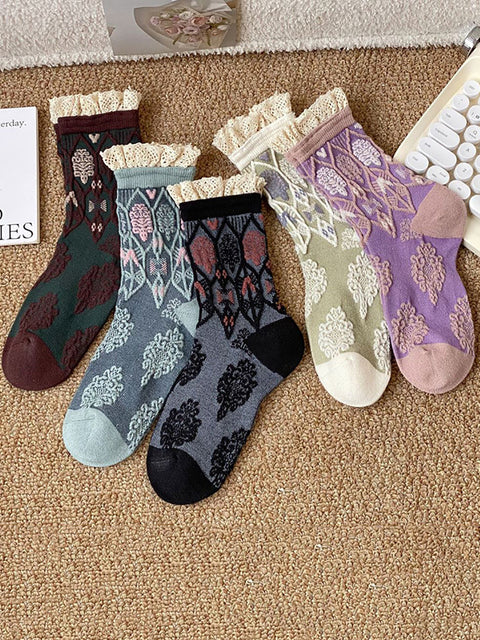 5 pares de calcetines de algodón con estampado de flores artísticas de otoño para mujer