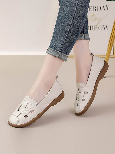 Women Summer Vintage Leather Soft  Weave Flat Shoes