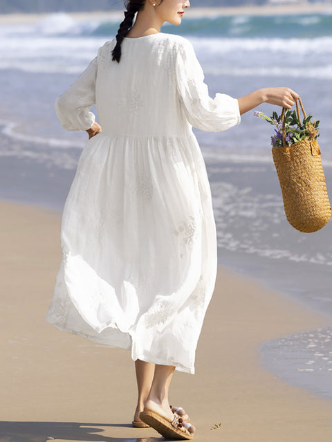 Women Summer Flower Embroidery V-Neck Ramie Dress