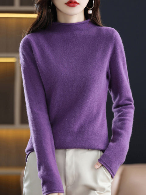 Women Autumn Solid Half High Collar 100%Wool Sweater