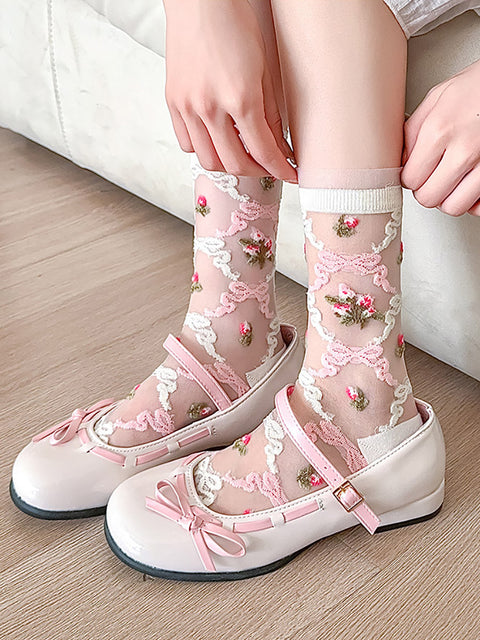 3 Pairs Summer Artsy Flower Jacquard Mid-calf Thin Socks