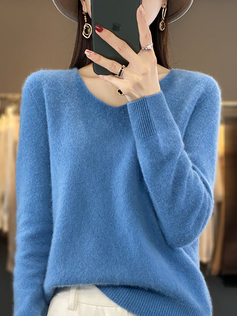 Women Autumn Pure Color V-Neck Knit Sweater