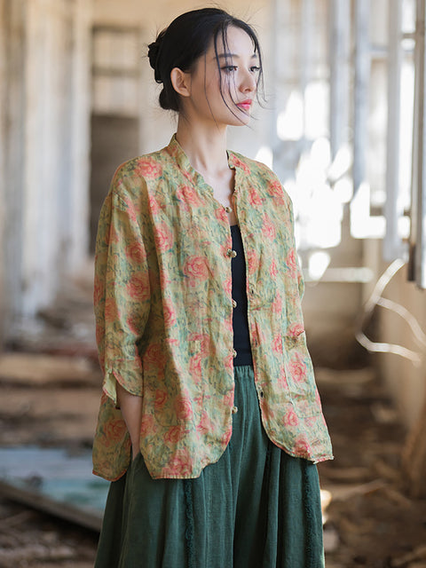 Camisa retro con estampado de flores y botones de verano para mujer