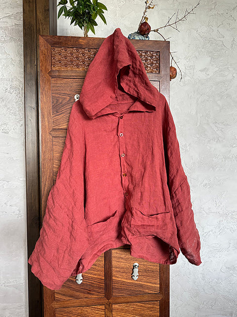 Women Summer Vintage Linen Solid Button-up Hooded Shirt