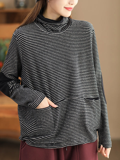 Sudadera casual con cuello alto a rayas para mujer de talla grande