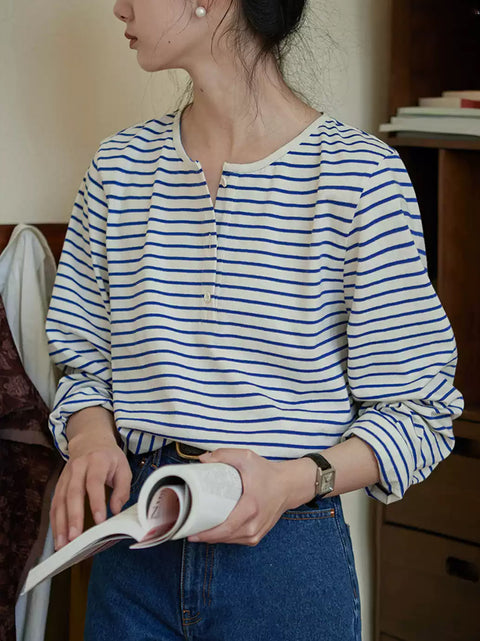 Camisa de algodón con cuello redondo y rayas de primavera para mujer