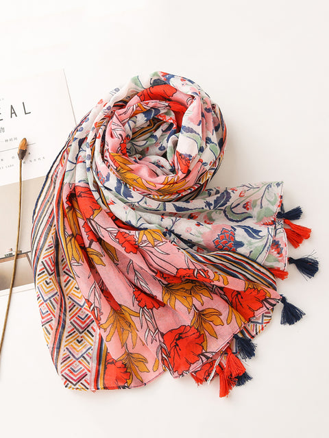 Artsy Floral Spliced Tassel Fashion Travel Shawl Scarf