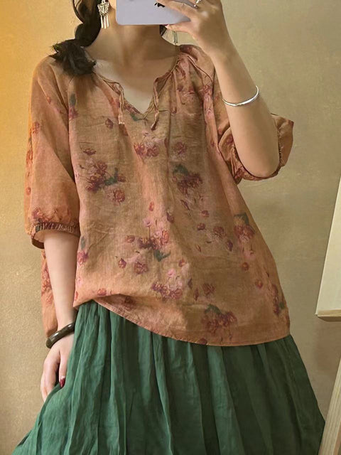 Camisa de mujer con cuello en V, cordón y flores estilo vintage de ramio