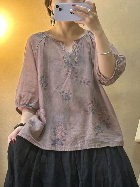 Camisa de mujer con cuello en V, cordón y flores estilo vintage de ramio