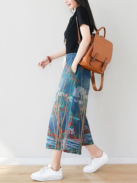 Women Summer Artsy Print Pocket Wide-leg Denim Pants