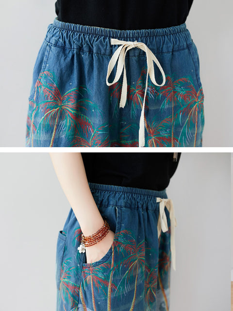 Women Summer Artsy Print Pocket Wide-leg Denim Pants