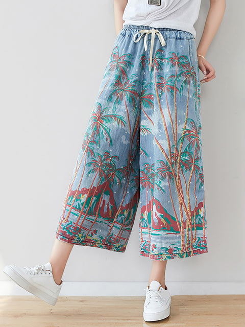 Pantalones vaqueros de pierna ancha con bolsillo y estampado artístico de verano para mujer