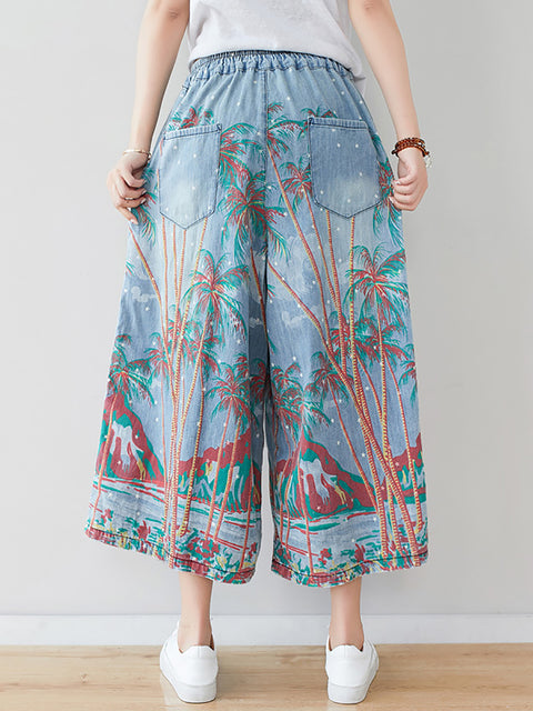 Women Summer Artsy Print Pocket Wide-leg Denim Pants