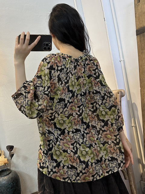 Camisa fina con cordón y flores de verano vintage para mujer de talla grande