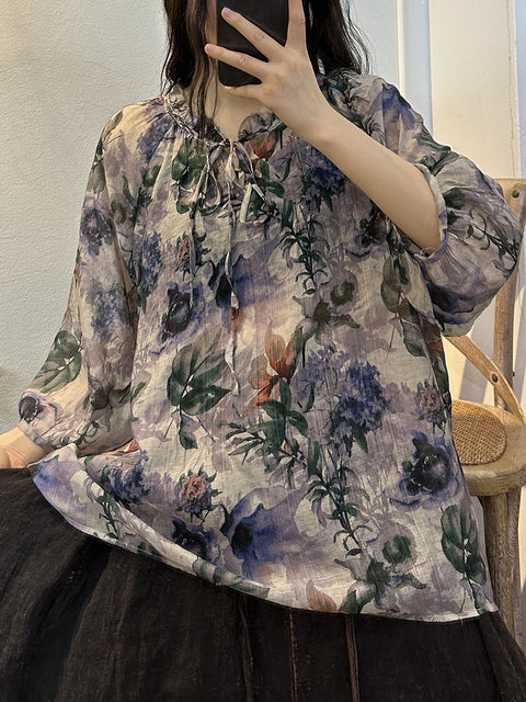 Camisa fina con cordón y flores de verano vintage para mujer de talla grande