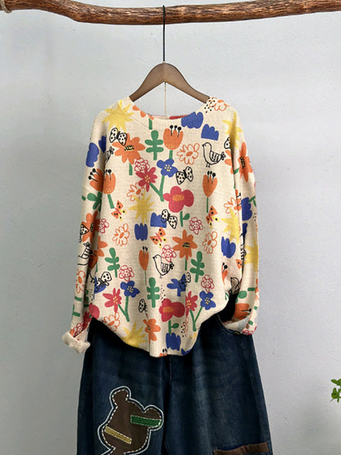 Camisa de punto con estampado de flores lindas de otoño para mujer