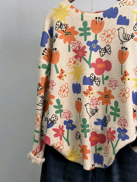 Camisa de punto con estampado de flores lindas de otoño para mujer