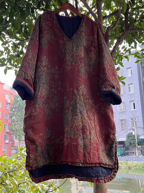 Abrigo largo acolchado con cuello en V y flores Vitage de talla grande para mujer