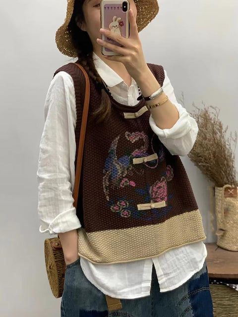 Women Retro Flower Print Colorblock Vest