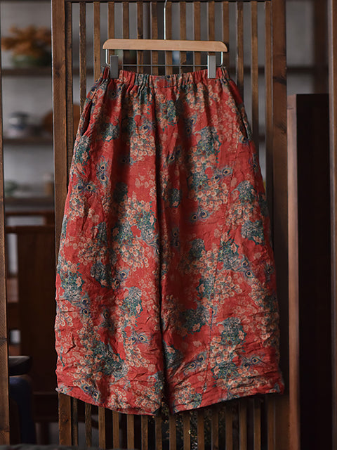 Pantalones anchos de pierna desgastados con estampado floral vintage para mujer