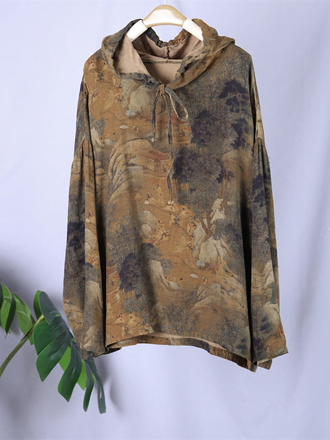 Plus Size Women Vintage Print Spring Hooded Sweatshirt