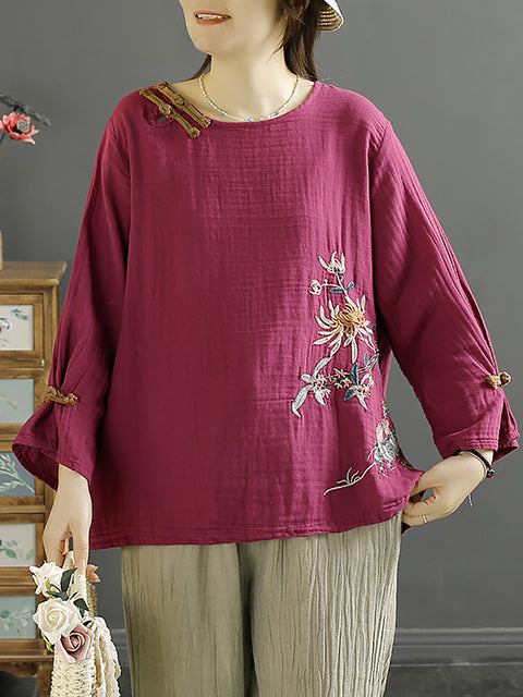 Women Spring Flower Embroidery Cotton Blouse